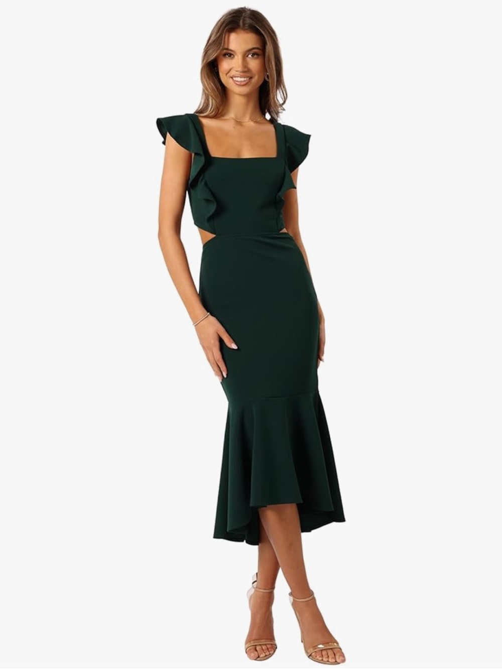 Petal & Pup Dark Green Ruffle-Sleeve Mermaid Midi Dress